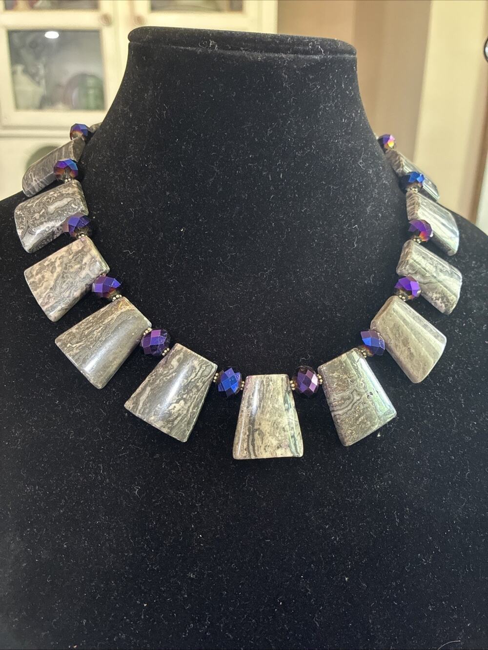 Donna Dressler Necklace Stone Sterling Silver Chunky Crystal Beaded Gray Purple